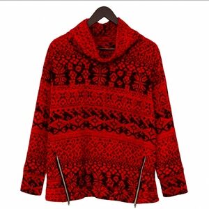 IZOD Red And Black Nordic Print Geometric Pattern Cowl Neck Knit Sweater Sz Lg